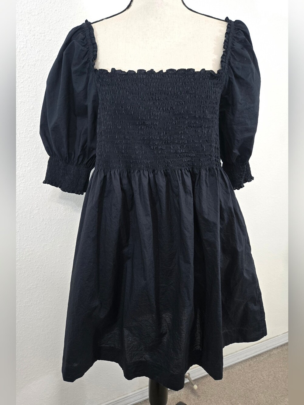 Hill House Classic Black Nap Dress Smocked Bodice Puff Sleeves Babydoll, size XL
